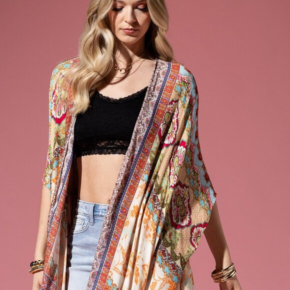 Detailed Floral & Demask Print Kimono on Jacquard Fabric w Golden Fringe Tassels - Picture 4 of 9